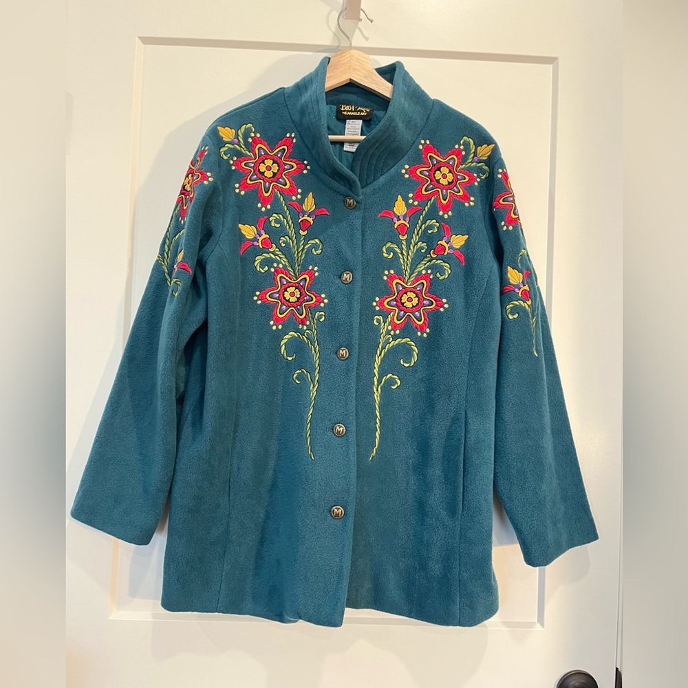 Bob Mackie Wearable Art floral embroidered quirky Boho whimsical Fleece Jacket L